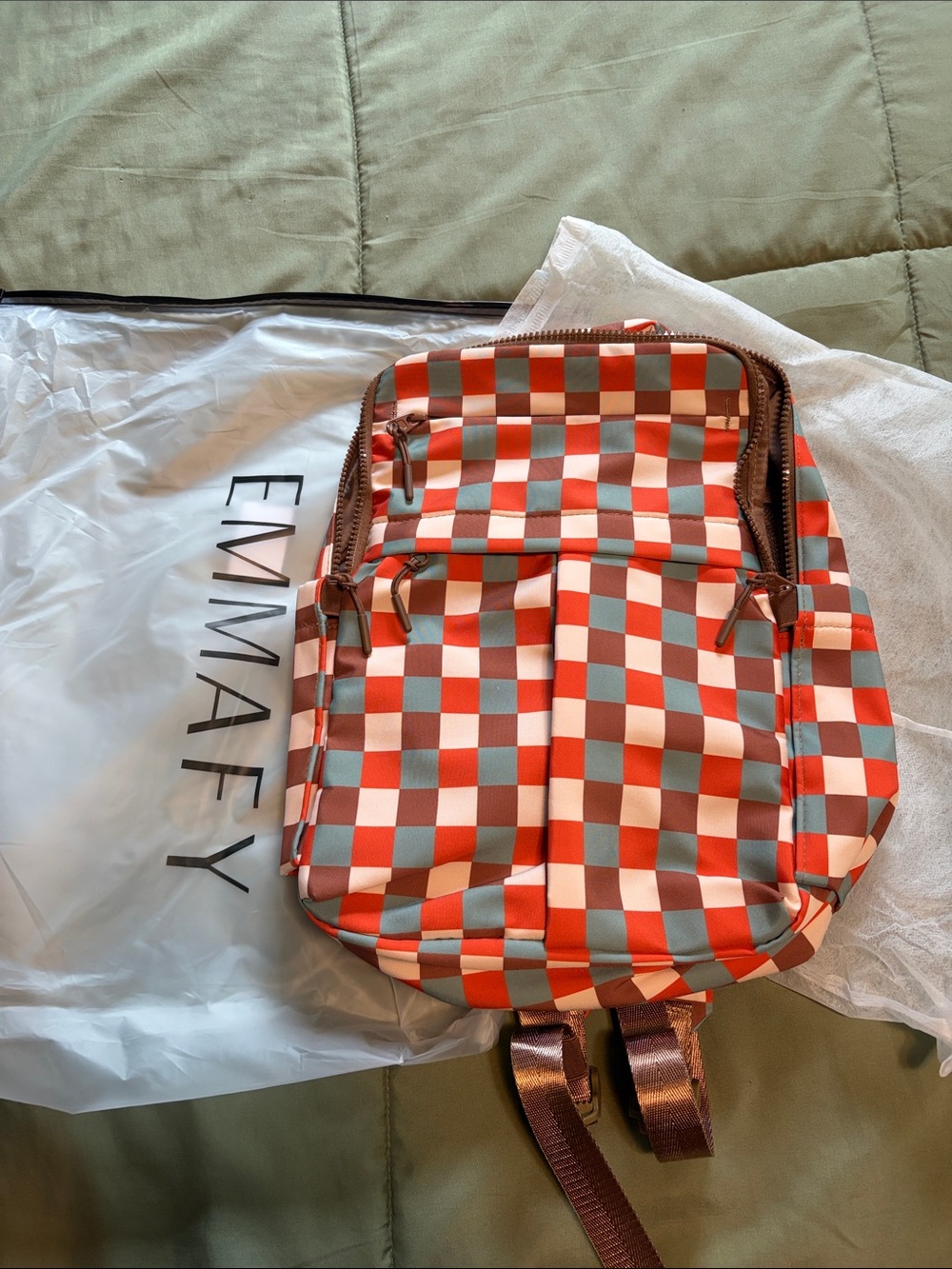Emmafy Orange Checkered Backpack